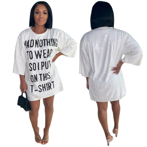 Fashion Short Sleeve Sexy Sparkling Heavy Sequins Loose Summer Dress