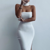 Solid Off Shoulder Slip-neck Strapless Knit Slit Dress