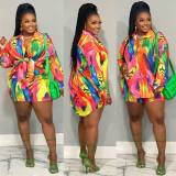 Women's Colorful Casual Print Shirts Long Sleeves + Shorts Two Pieces