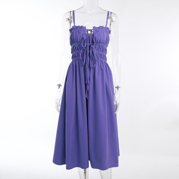 Stylish lace-up openwork fungus-trimmed suspender dress