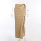 Sexy suspenders beautiful back navel wrap chest slit dress women's