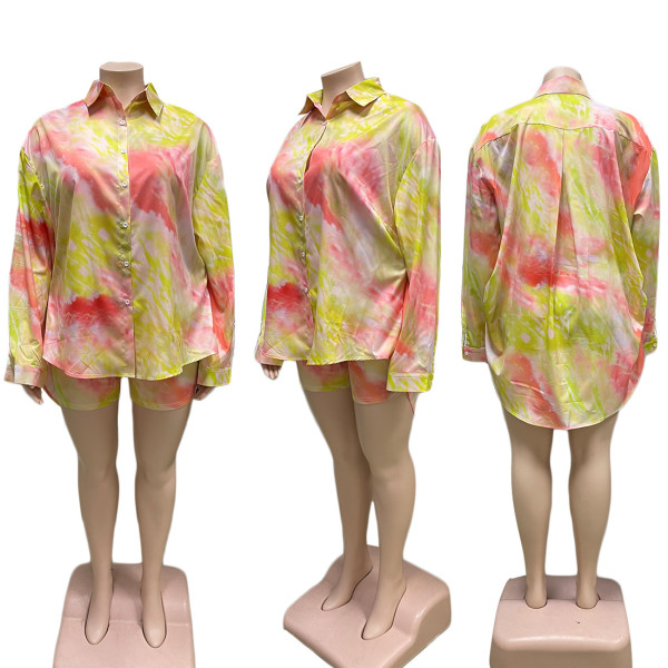 Plus size women's summer new fashion tie-dye print casual two-piece suit