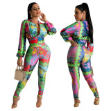 Women's retro colorful temperament commuter zipper print two-piece set