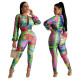Women's retro colorful temperament commuter zipper print two-piece set