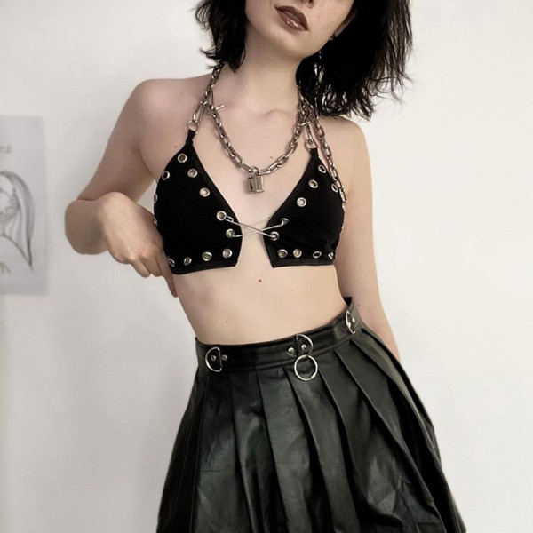 Sexy babes show navel eyelet pin corset design sense chain personality hanging neck sling