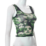 Face Print Square Neck Sleeveless Crop Tank Top T-Shirt