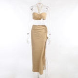 Sexy suspenders beautiful back navel wrap chest slit dress women's