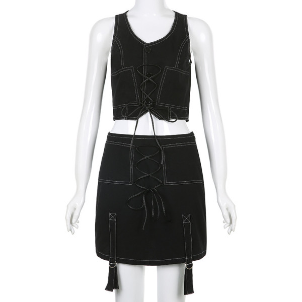 Fashion trend hot girl design sense topline strap V-neck vest slim-fit streamer bag hip skirt suit