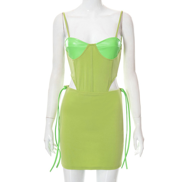Women's Contrast Color Sling Fishbone Girdle Bodysuit Short Skirt Suit