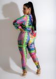 Women's retro colorful temperament commuter zipper print two-piece set