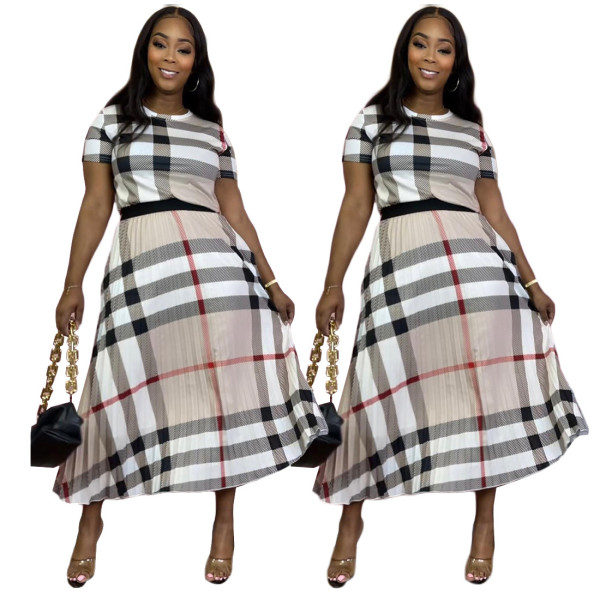 Plaid Print Short Sleeve + Long Skirt Two-piece Set