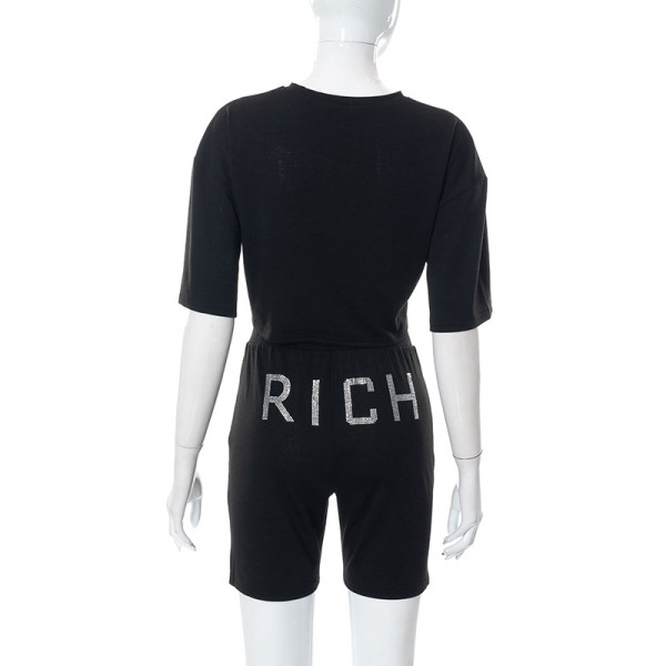 Hot Diamond Round Neck Cropped Navel Short Sleeve Shorts Casual Suit