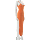 women's solid color suspenders open back high slit slim long dress