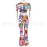 Printed short-sleeved flared pants OL commuter fashion suit women