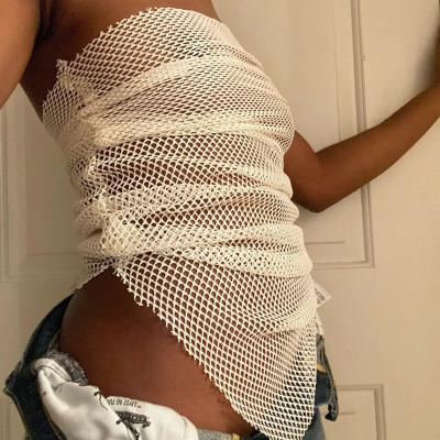 Solid Color One Shoulder Sleeveless Mesh Sheer Tank Top T-Shirt