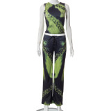 Crew Neck Print Crop Tank Top Tie Pants Casual Set