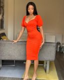 Solid Pleated Short Sleeve Open Back Stretch Fitted Dress