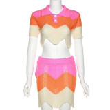 Fashion polo wool top sexy multicolor slim fit hip skirt suit