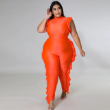 Fat MM plus size women's casual printing sleeveless fungus edge jumpsuit women