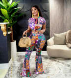 Printed short-sleeved flared pants OL commuter fashion suit women