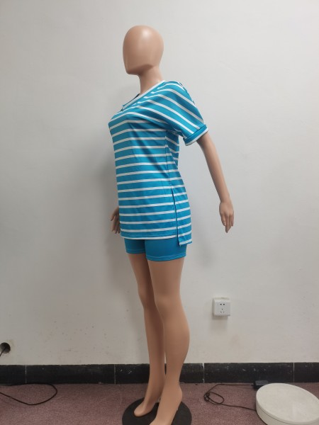 Fashion Loose Print Striped Side Slit V-Neck Casual Suit