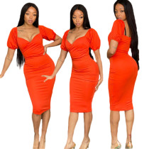 Solid Pleated Short Sleeve Open Back Stretch Fitted Dress Solid Pleated Short Sleeve Open Back Stretch Fitted Dress