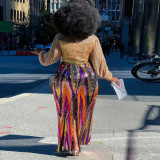 Fashion Casual Colorful Sequin Puff Sleeve Slit Pack Hip Dress
