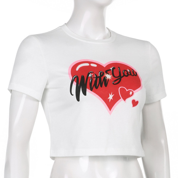 Women's Fashion Small Fresh Contrast Color Love Letter Print Navel Cropped T-Shirt