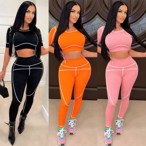 Fashion New Casual Tight Sports Short Sleeve Solid Color Pants Two Piece Set