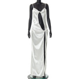 Solid Color Sling Hollow Outback Irregular Slit Dress