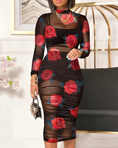 Black Short Skirt Top with Vintage Print Sexy Mesh Midi Dress Three Piece