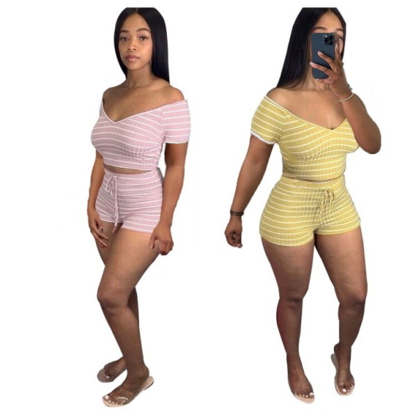 Women's Fashion Casual Big V-neck Striped Suit High Quality Imitation Cotton Fabric
