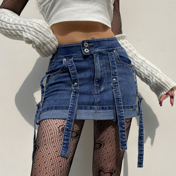 women's low waist denim streamer tight bag hip skirt