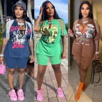 Printed Hip Hop Street Slit Fringe Short Sleeve T-Shirt Shorts Set Printed Hip Hop Street Slit Fringe Short Sleeve T-Shirt Shorts Set