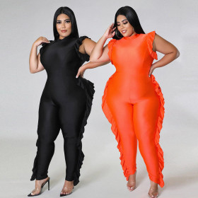 Fat MM plus size women's casual printing sleeveless fungus edge jumpsuit women