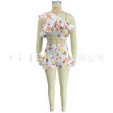 Women's Irregular Fashion Suit with Slanted Shoulder Ruffle Print Shorts