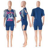 Printed Hip Hop Street Slit Fringe Short Sleeve T-Shirt Shorts Set