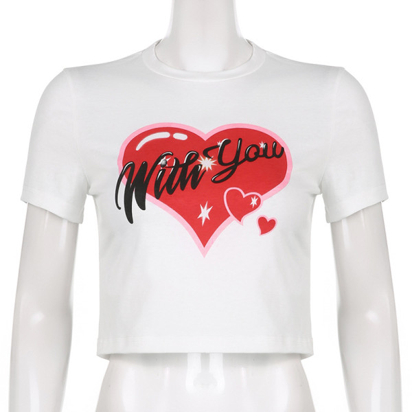 Women's Fashion Small Fresh Contrast Color Love Letter Print Navel Cropped T-Shirt