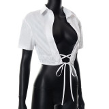 Solid Color Lapel Cardigan Lace-Up Crop Short Sleeve T-Shirt Top