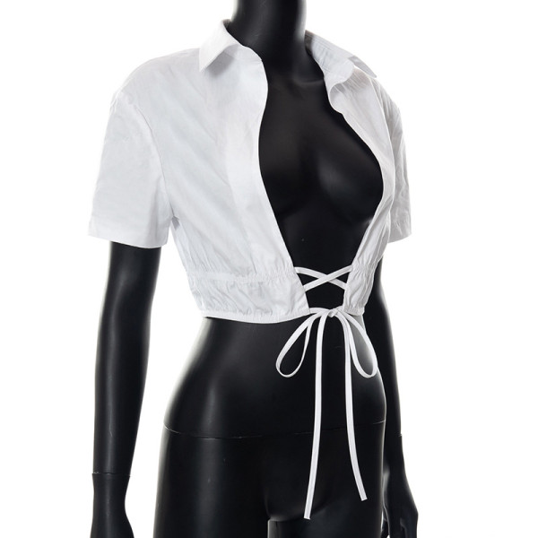 Solid Color Lapel Cardigan Lace-Up Crop Short Sleeve T-Shirt Top