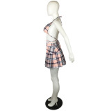 Plaid Print Fashion Casual Two Piece Wrap Skirt Set