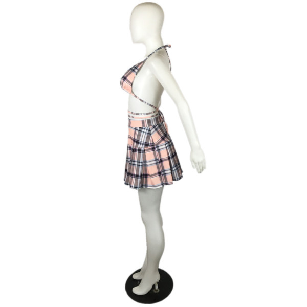 Plaid Print Fashion Casual Two Piece Wrap Skirt Set