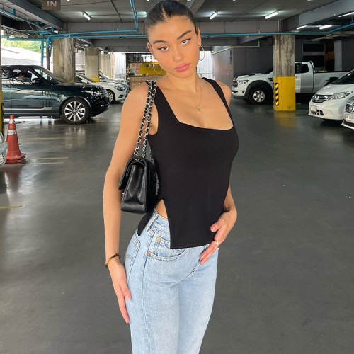 Square neck solid color sleeveless side slit vest T-shirt top women