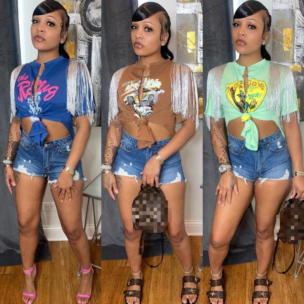 Printed Hip Hop Street Slit Fringe Short Sleeve T-Shirt