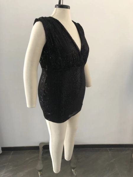 Fat Woman Plus Size Women's Black Sequin Deep V Sleeveless Hip Dress