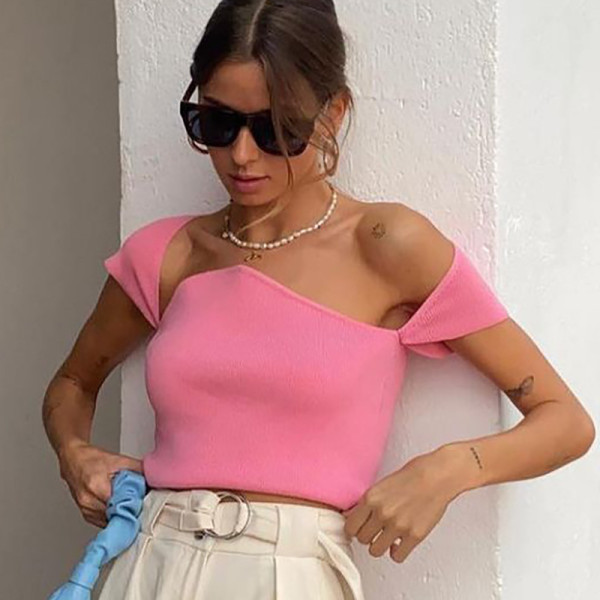 Women's Fashion One Shoulder Square Neck Sexy Slim Navel Short Sleeve T-Shirt Women