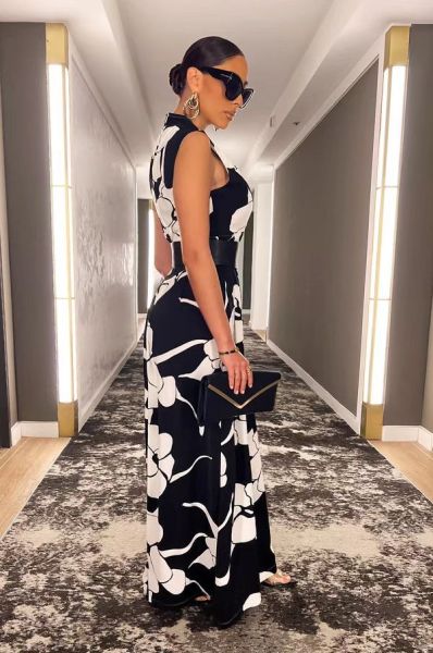 Women's Sexy Sleeveless Printed Wide Leg Pants Jumpsuit