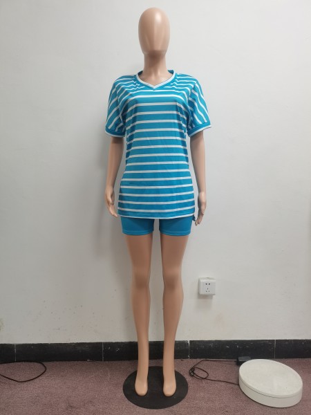 Fashion Loose Print Striped Side Slit V-Neck Casual Suit