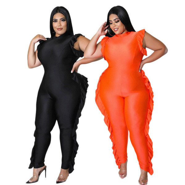 Fat MM plus size women's casual printing sleeveless fungus edge jumpsuit women