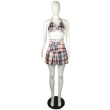 Plaid Print Fashion Casual Two Piece Wrap Skirt Set